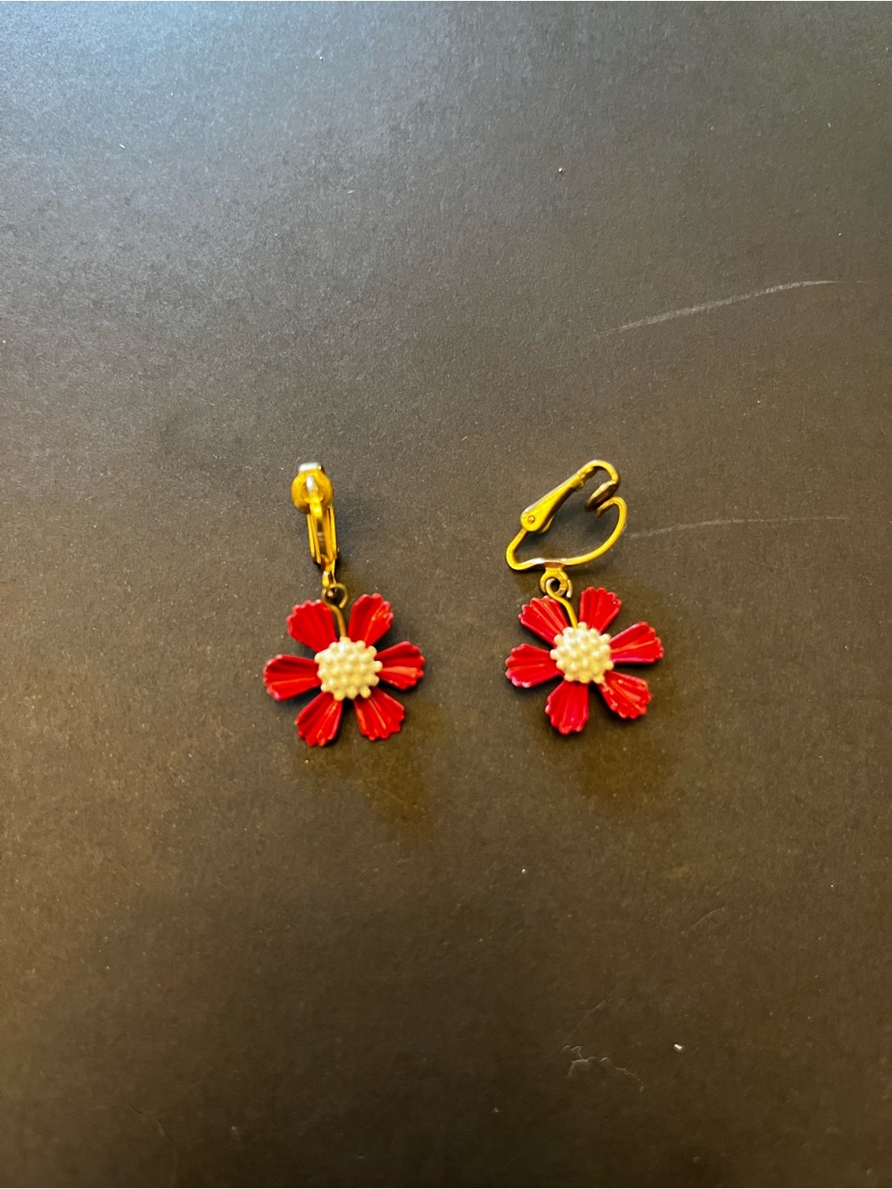 Red Flower Drop Earrings with Gold Tone Clips